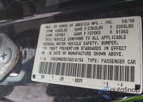 2007 Honda Accord 3.0 Ex z USA, uszkodzony, nr VIN 1HGCM66507A014154